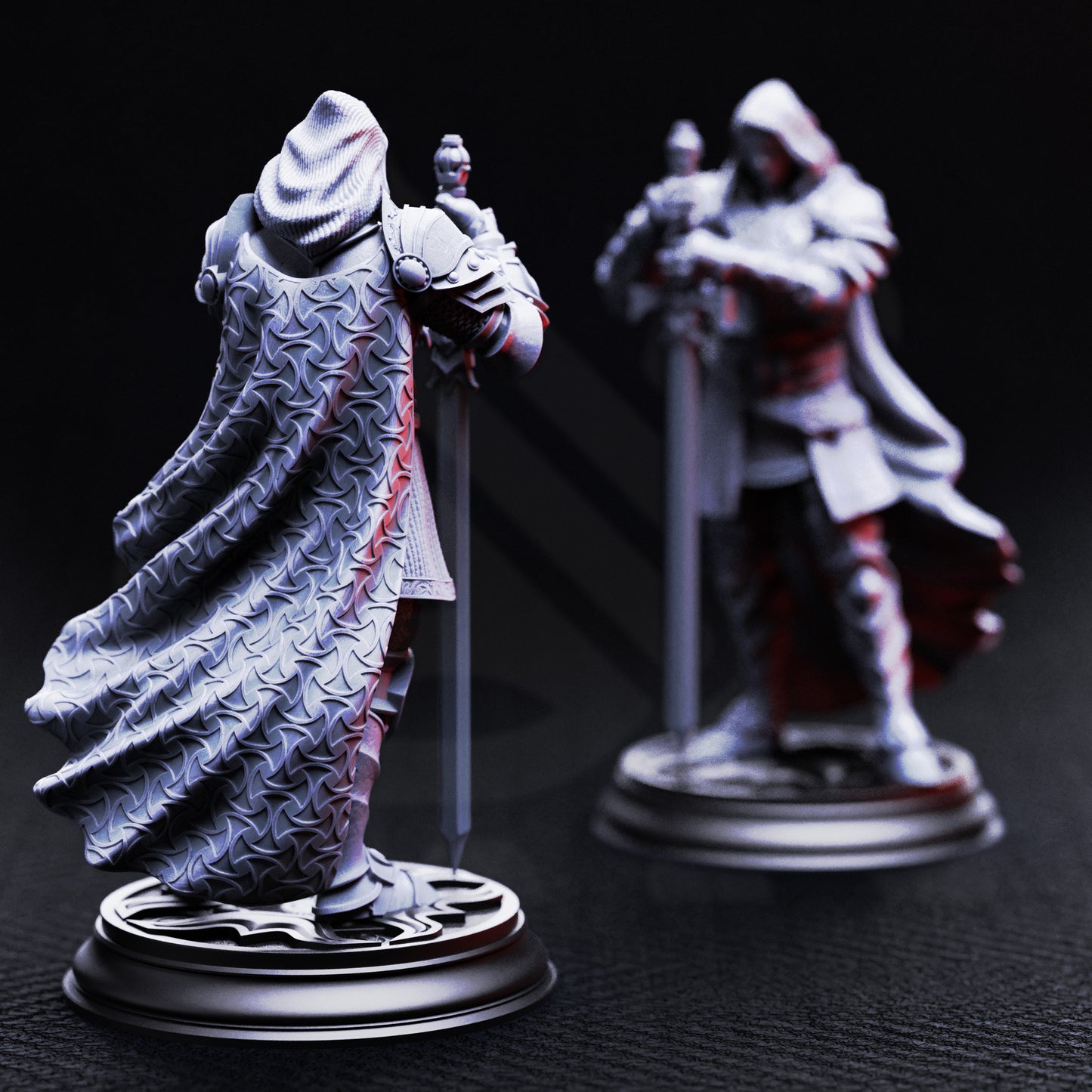 High-detail resin miniature of Visage the Faceless Knight, hooded armored warrior with sword, for TTRPG encounters and gothic fantasy collections.