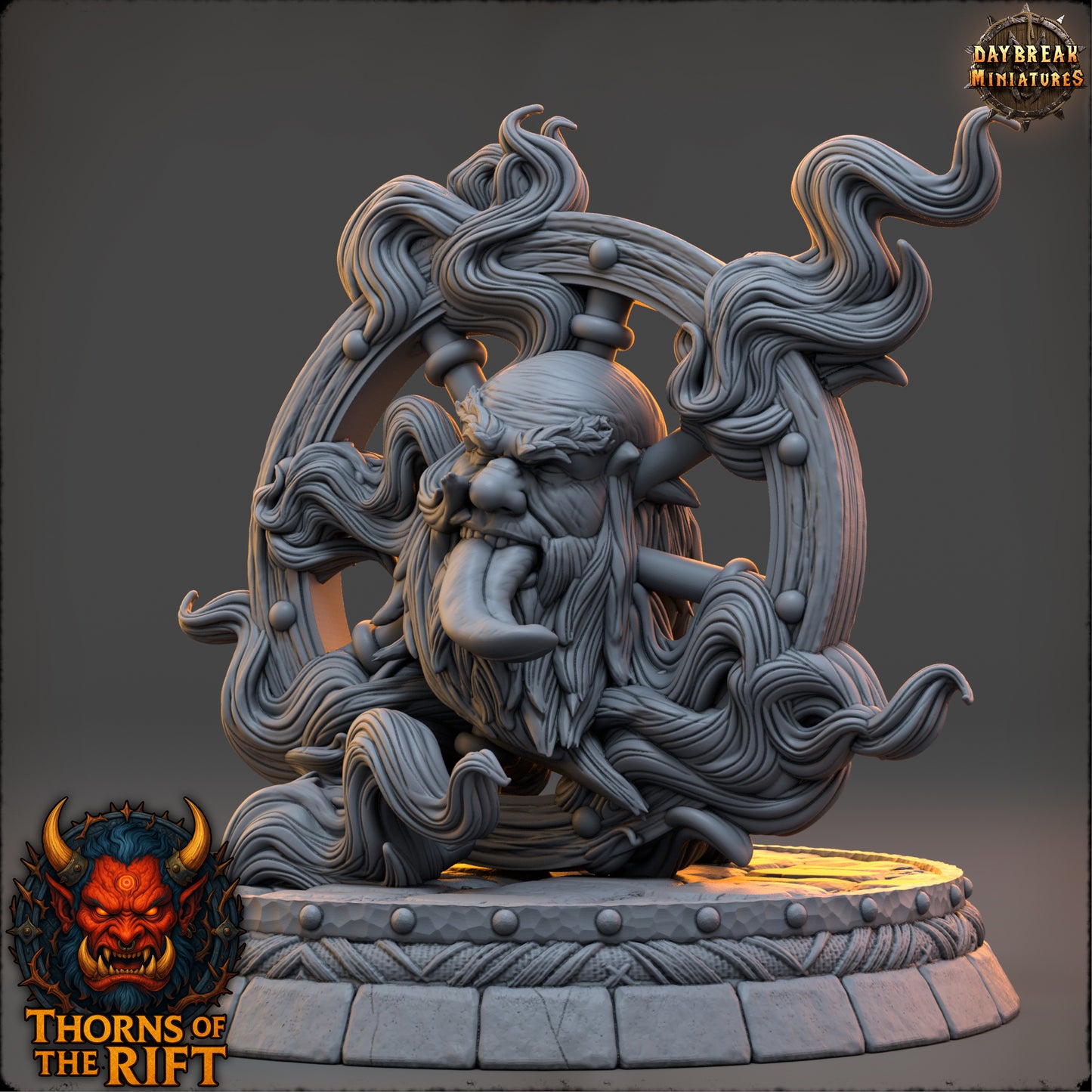 Waynudo resin miniature depicting a demonic figure with swirling flame-like forms and detailed base, available in 32mm and 54mm scales for tabletop RPGs and display.