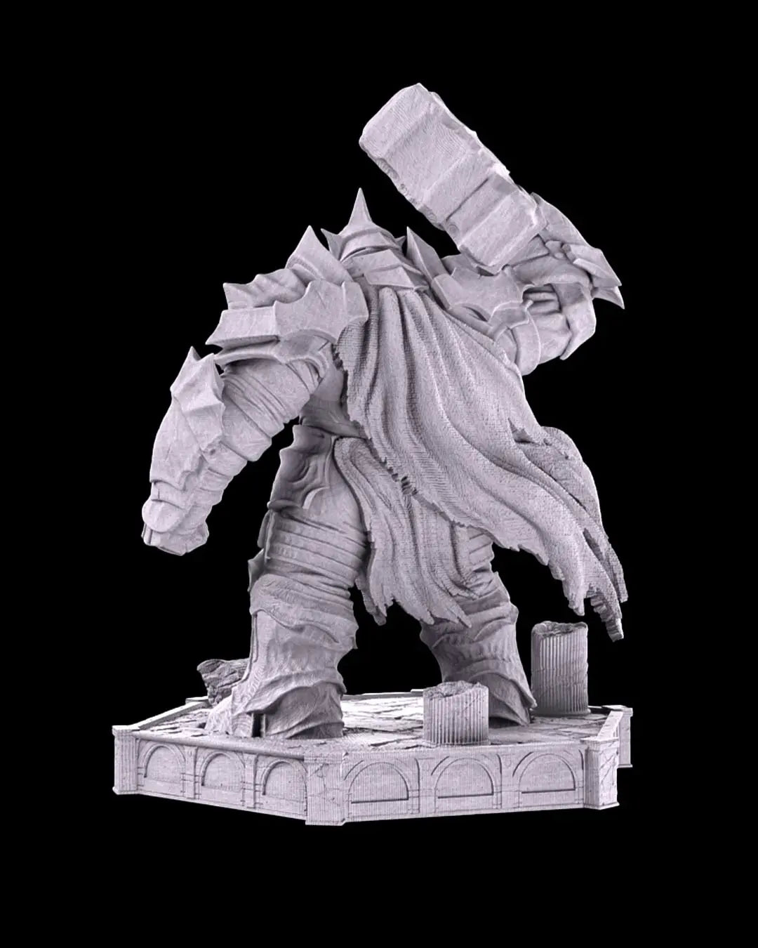 Rear view of raw Warden Golem miniature showing tattered cloak and hammer held high.