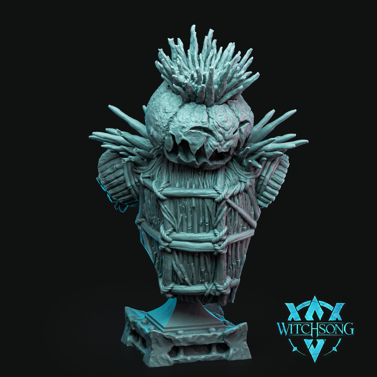 Witchsong Miniatures Wickerman Golem 100mm unpainted resin display bust showcasing detailed woven thatch armor and spiked pumpkin head for hobby painters.