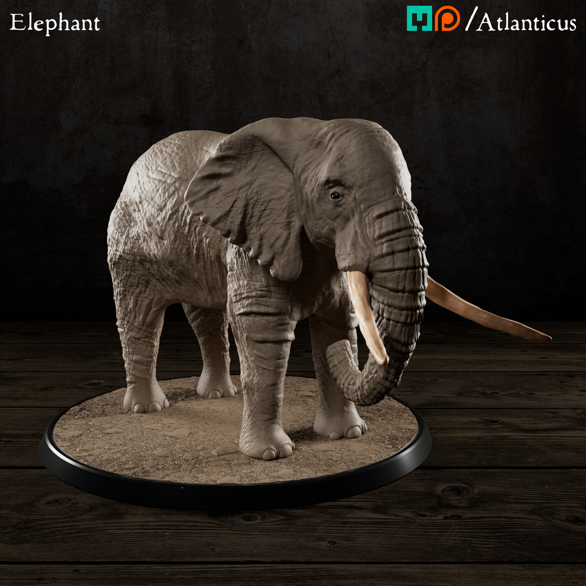 Digital render of the African Elephant miniature standing on a 75mm circular base by Atlanticus Arts.