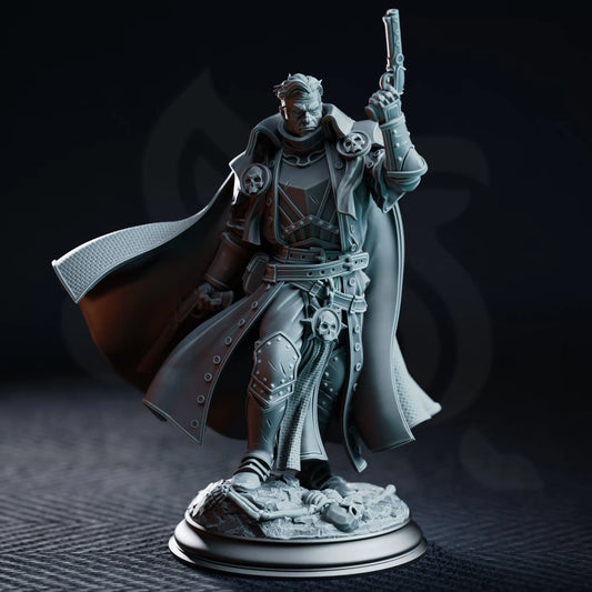 Front view of Alexander of Riverbrook in armored inquisitor attire with skull details, a long cloak, and firearm.