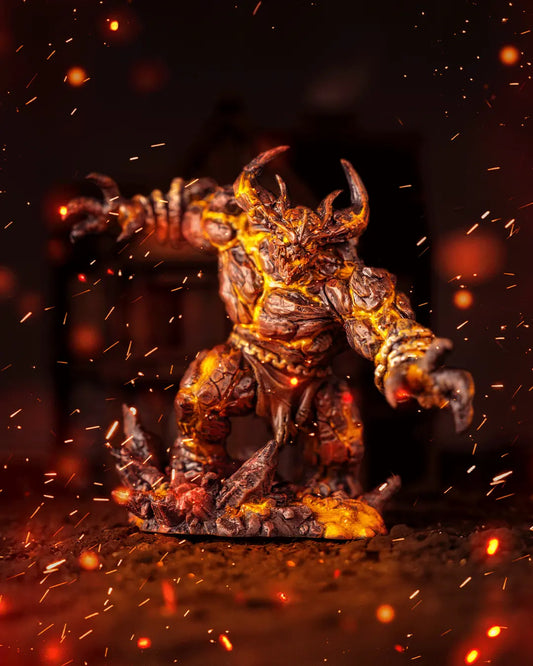 Magma Golem 3D printed resin miniature in 32mm scale with lava textures, rendered painted version with digital effects