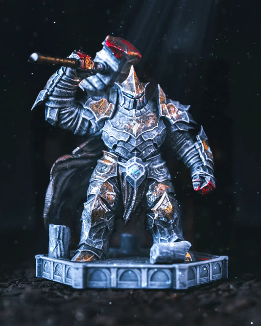 Atmospheric painted Warden Golem figure with glowing highlights, posed in dramatic spotlight.