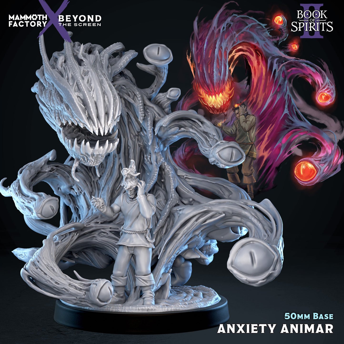 Anxiety Animar 32mm scale resin miniature by Mammoth Factory featuring an eldritch spirit monster with swirling tentacles, teeth, and a stressed traveler NPC.