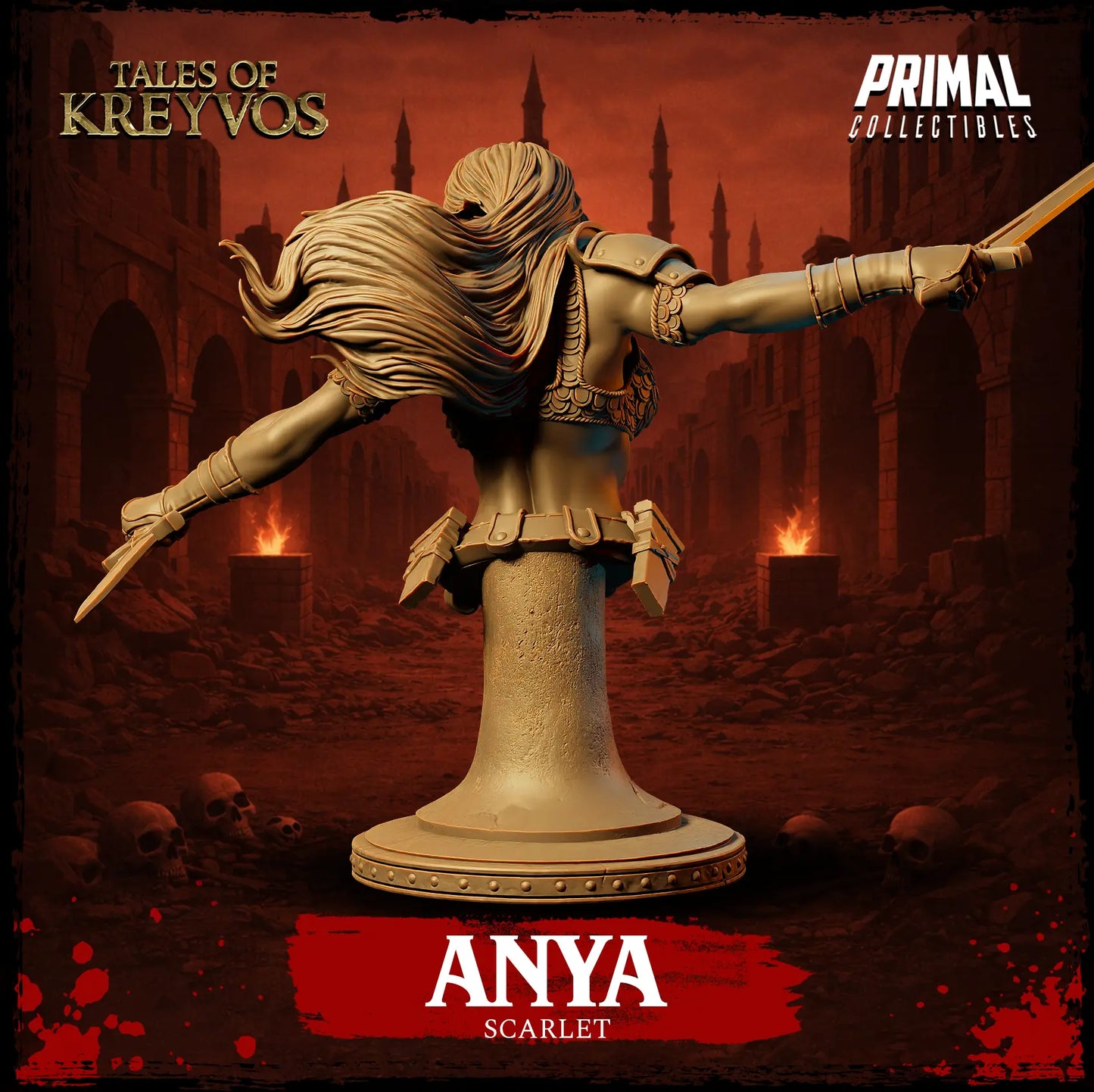 Rear view render of the Anya Scarlet barbarian display bust showcasing hair texture and back straps.