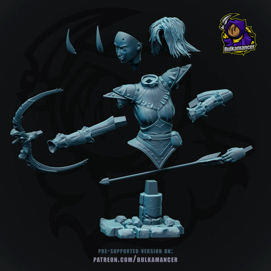 Exploded view of the parts of 
 Arueshalae bust 3D printed resin Pathfinder fan art by Bulkamancer – dynamic pose with bow, horns, and armor for collectors or TTRPG display.