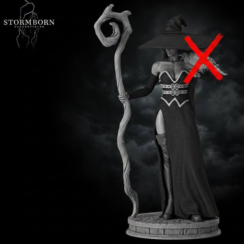 Full front view render of Azora the Witch standing on a cobblestone base by Stormborn Collectibles. With red X on the Raven option.
