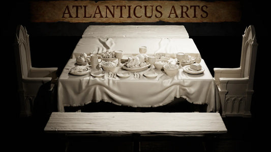Banquet Table Set 32mm resin tabletop scatter terrain 6-piece kit by Atlanticus Arts showing full feast spread.