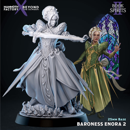 Baroness Enora 32mm scale resin miniature by Mammoth Factory in Pose 2 dynamically drawing her sword over a floral patch base.
