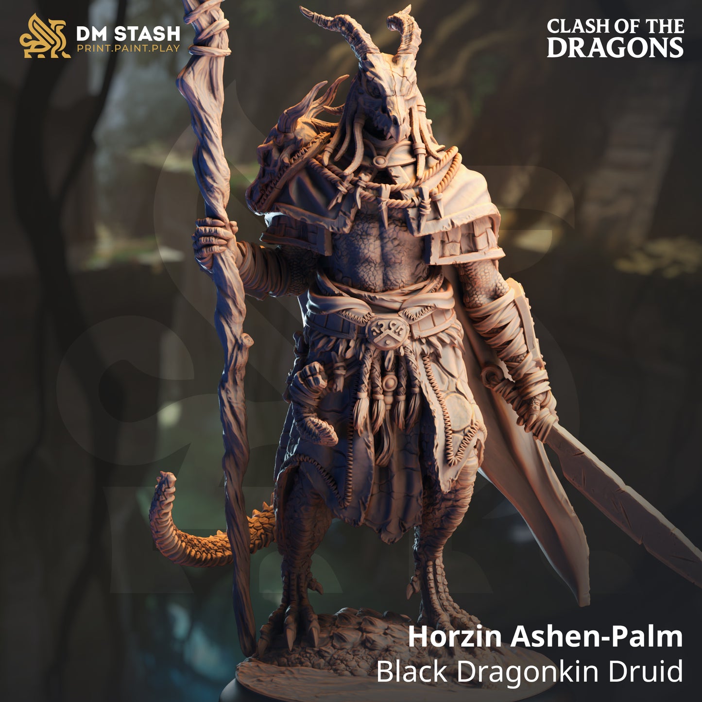 black dragonborn druid miniature horzin ashen palm resin dnd figure staff tribal armor fantasy tabletop model by DM Stash