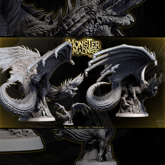 Side render of Pose 2 Blazing Black Dragon crouched on a scenic 75mm base with curved tail and raised wings