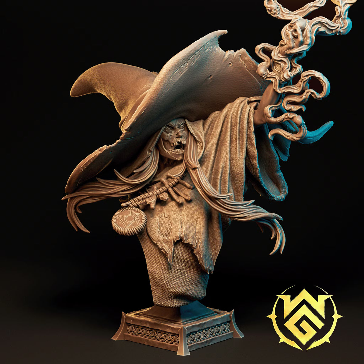 Blight Crone Human Wizard display bust with oversized witch hat, skeletal features, robes, and arcane staff.