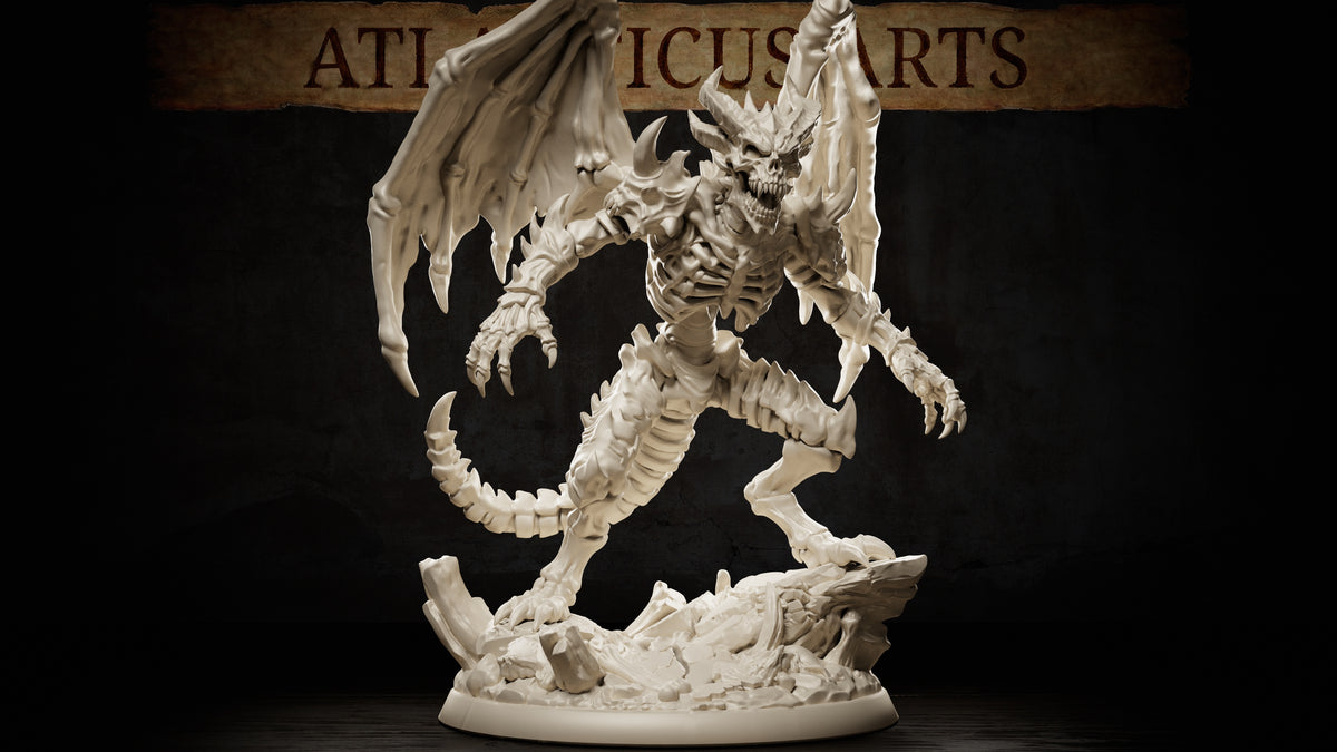 Wide Angled view of the unarmed Bone Devil variant resin miniature render with spread skeletal wings, hooked claws, segmented tail, horned skull, and one foot raised over a rocky 50mm base.
Focal Point: Center the creature’s skull and rib cage while retaining the full wing span, tail, claws, and visible scenic base.