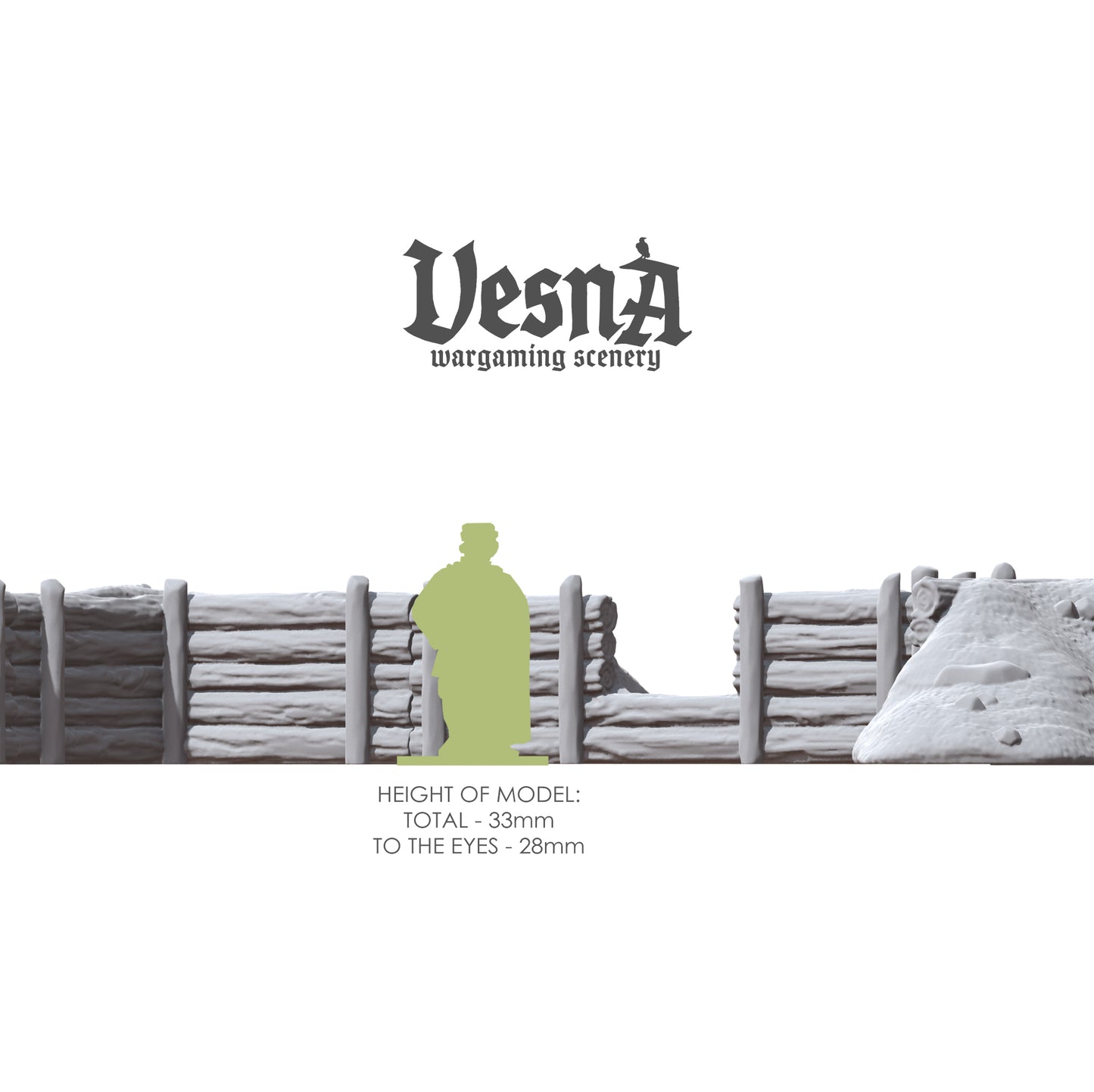 Height reference graphic showing the breastworks wall scale next to an infantry model silhouette, noting a total height of 33mm and 28mm height to the eyes.
