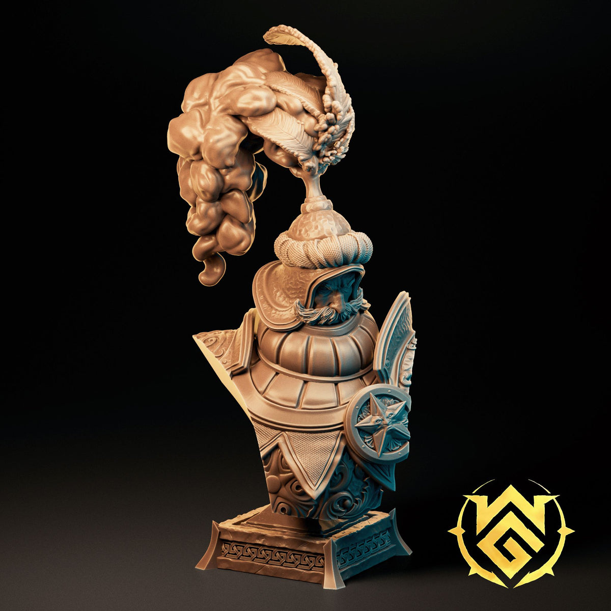 Bruti the Benediction Human Fighter 100mm display bust with ornate armor and detailed facial features.