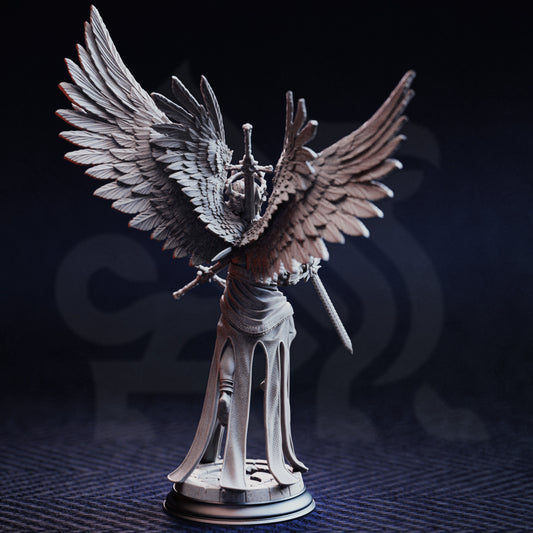 Rear perspective view of Caerian the Inevitable resin miniature showing sprawling four-wing detail and flowing robes.