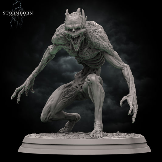 Front view render of a crouching Carrion Ghoul miniature displaying open maw and claws by Stormborn Collectibles.