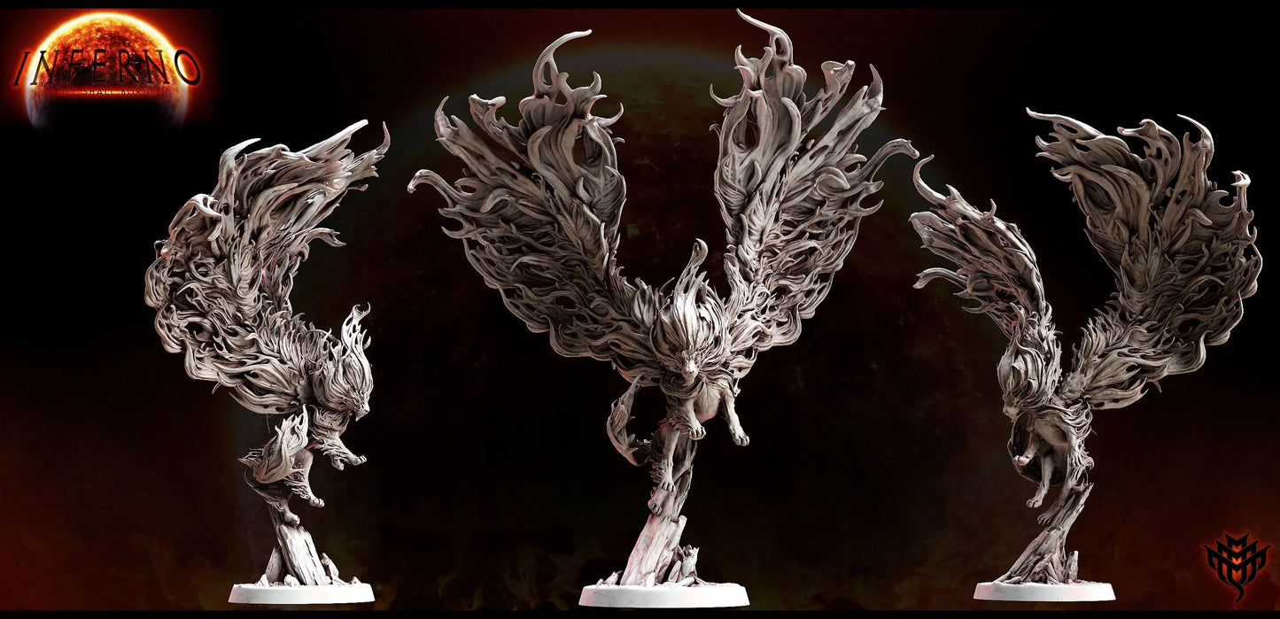 Cinder Lion miniatures rearing and lunging with ash-like sculpted flames, ideal for tabletop boss encounters