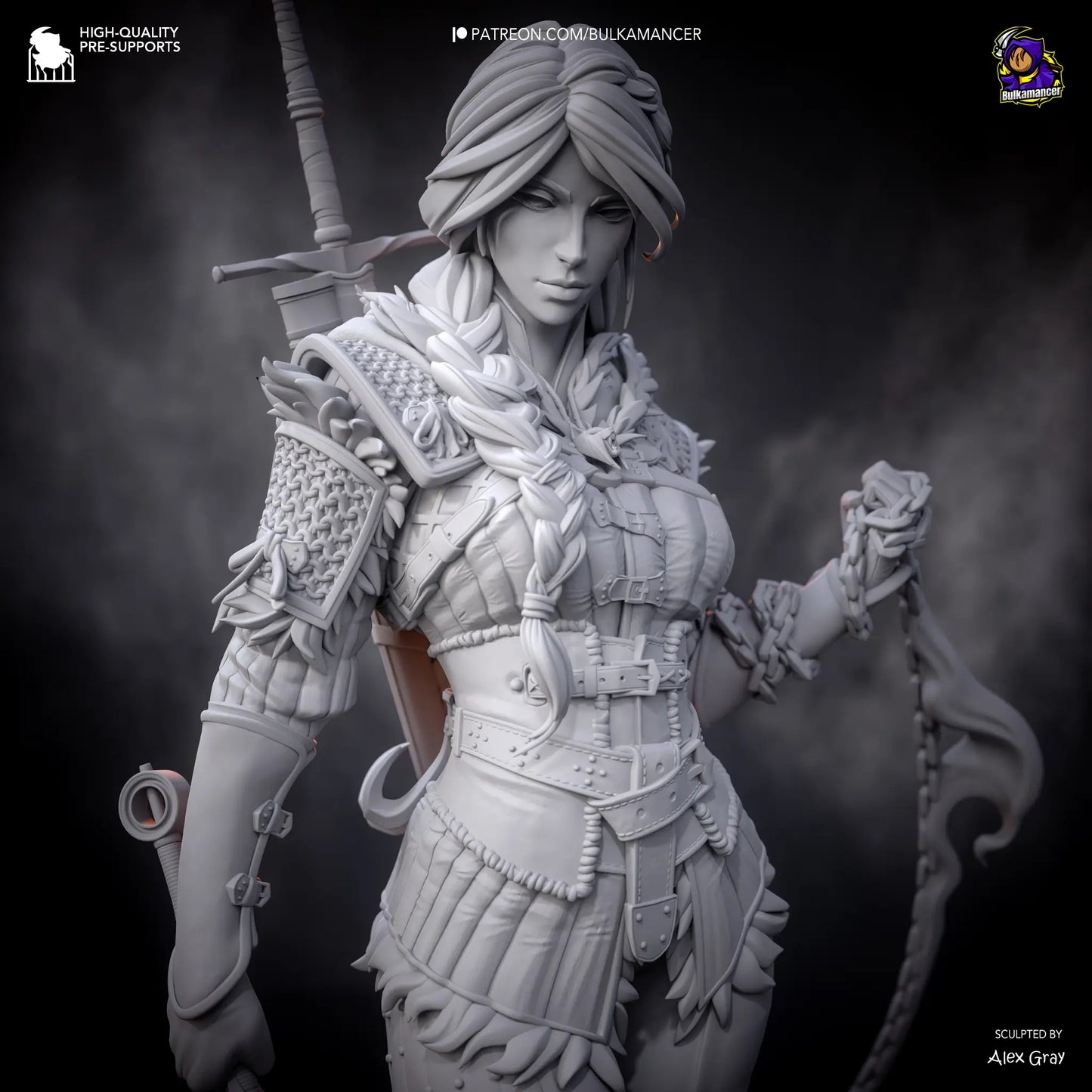 Unpainted 3D printed Ciri statue from The Witcher 4 – frontal view with sculpted chain and scenic base.