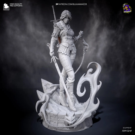 Witcher 4 Ciri fan art statue – resin gray sculpt showing corset detail, armor, and chain weapon.