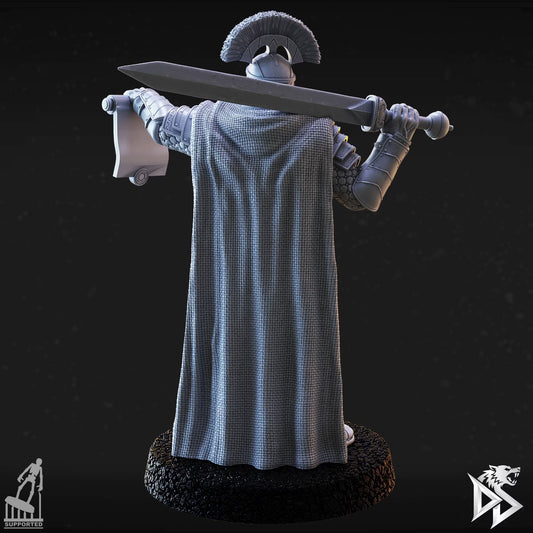 Rear view of the City Guards Commander showing a flowing cape, crested helmet, large sword, and scroll.
