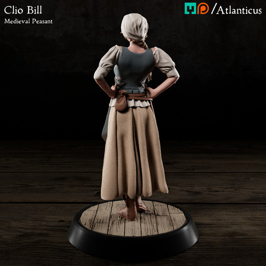 Direct back view render of Clio Bill peasant miniature showing skirt texture and bonnet.