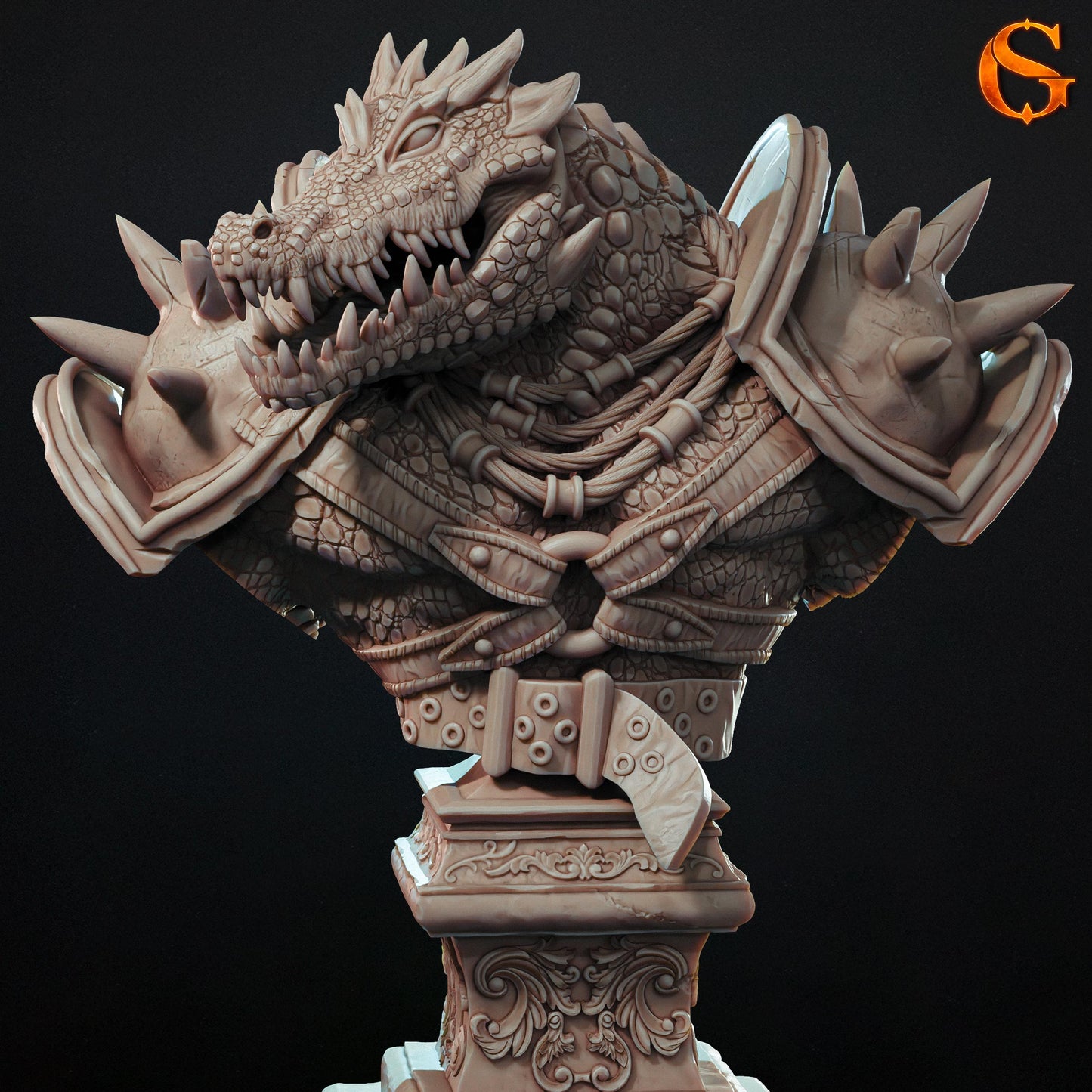 Close-up front render view of the Crackle-Tooth crocodile lycanthrope display bust, focusing on the razor-sharp teeth, snout anatomy, and layered neck jewelry.