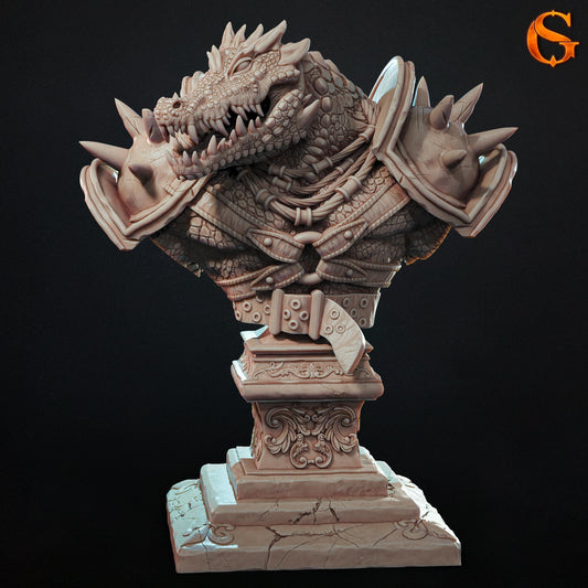 Full front render view of the Crackle-Tooth Were-Crocodile display bust, highlighting the armored chest and shoulders mounted on an ornate, sculpted pedestal stand.