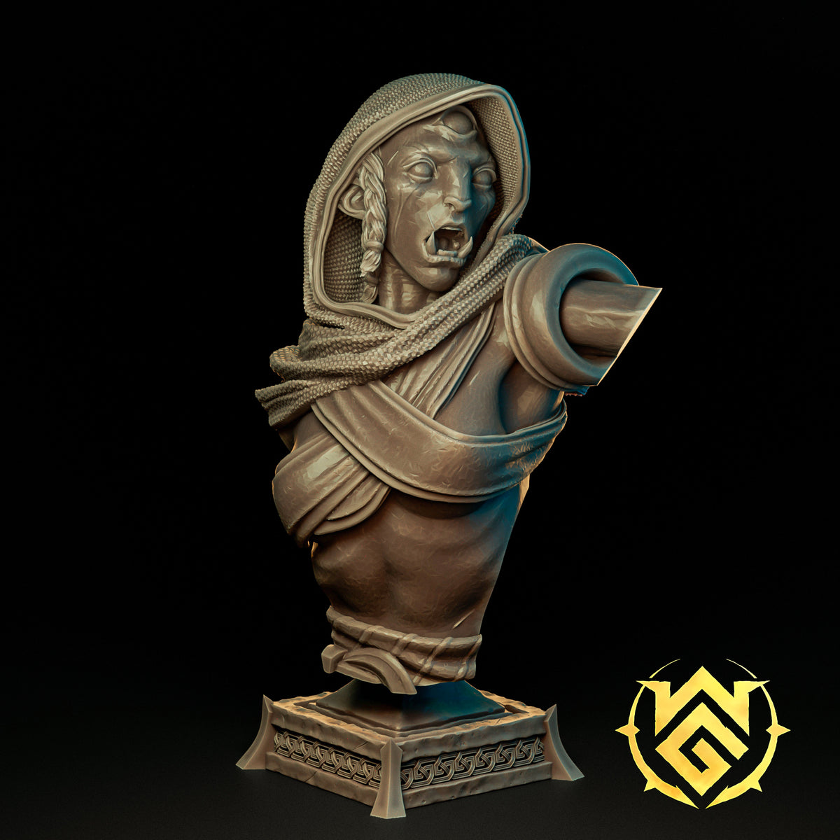Front view render of the 100mm Dagger-Dancer Psychic display bust with hooded cowl on a pedestal stand by The Witchguild.