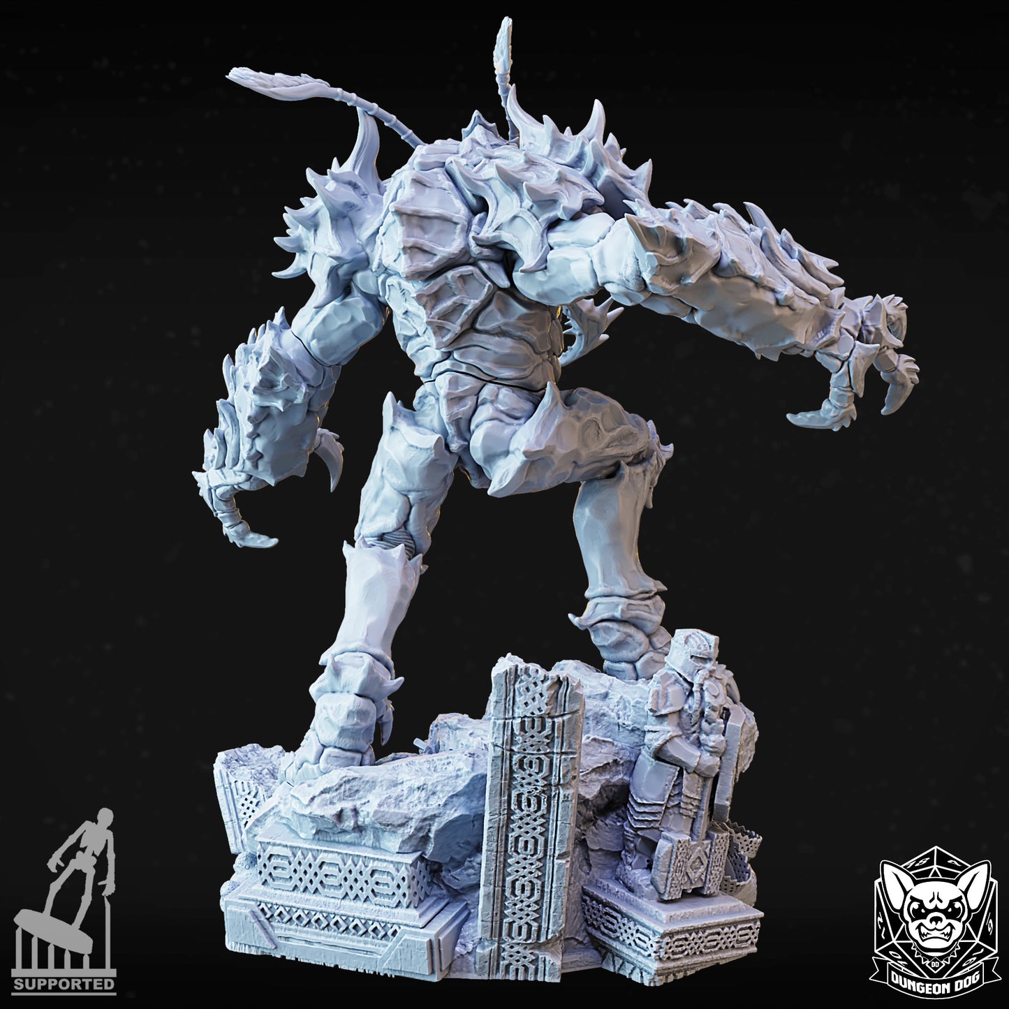 Rear view render of the insectoid beast miniature highlighting the dwarven statue sculpt on the base.