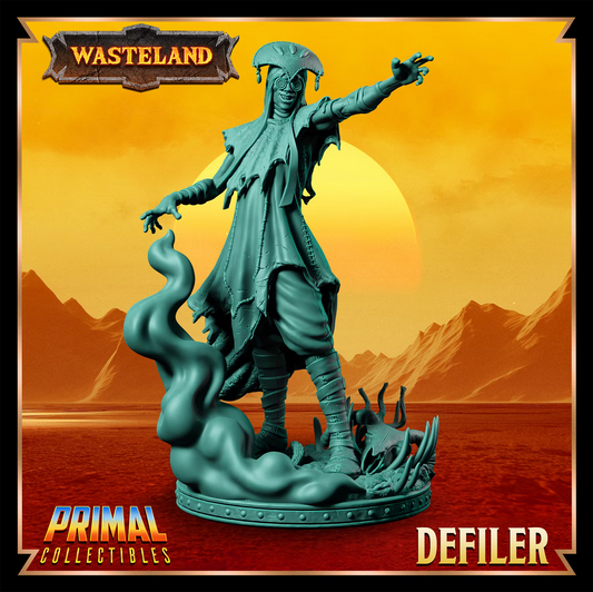 Full-body Defiler spellcaster wearing the wide hat beside a swirling magical effect and scenic base.