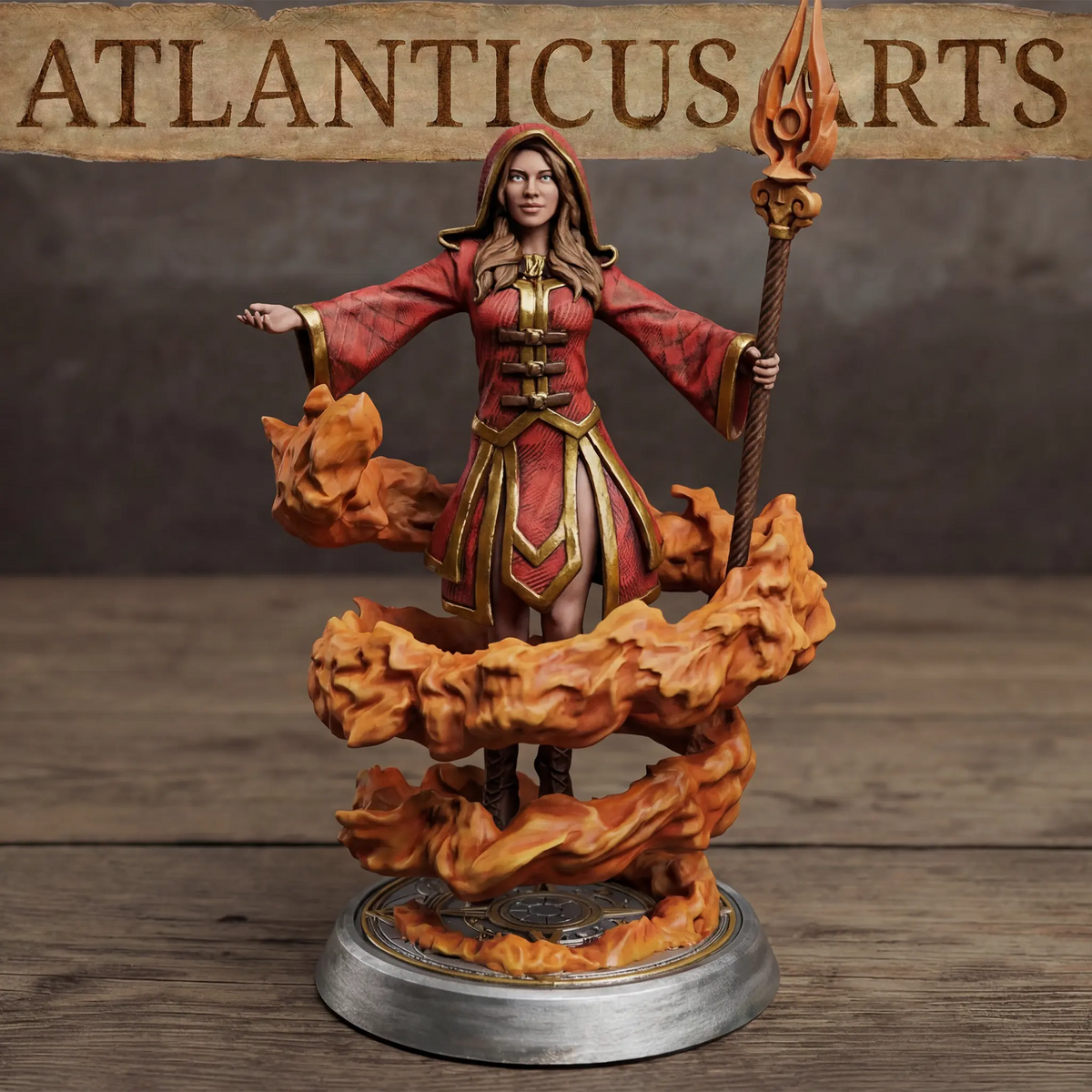 Fully painted render of Elyndra Vale human sorceress levitating in red robes with swirling fire effects on an arcane base by Atlanticus Arts.