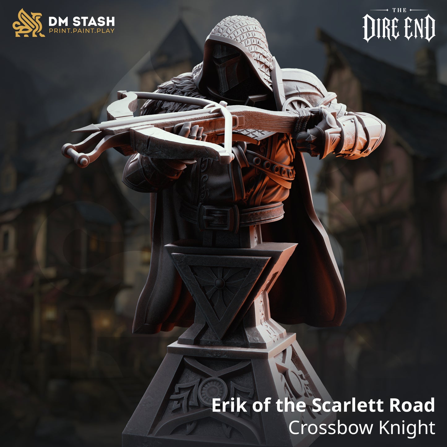 Premium 16K resin collector display hobby bust of Erik of the Scarlett Road Crossbow Knight on an ornate pedestal plinth by DM Stash.