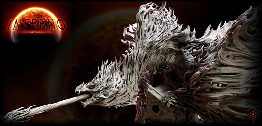 Massive flame-wreathed serpent miniature with flowing fire wings, mounted on a 100mm base. Ideal for display or TTRPG boss battles.