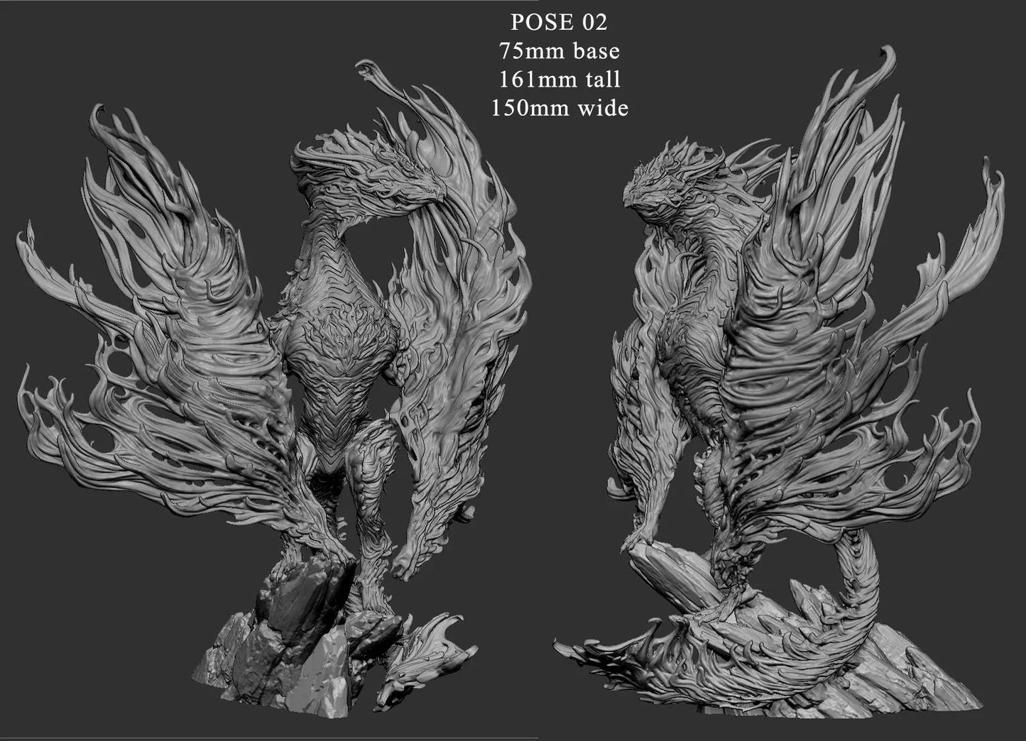 Massive flame-wreathed serpent miniature with flowing fire wings, mounted on a 75mm base. Ideal for display or TTRPG boss battles.
