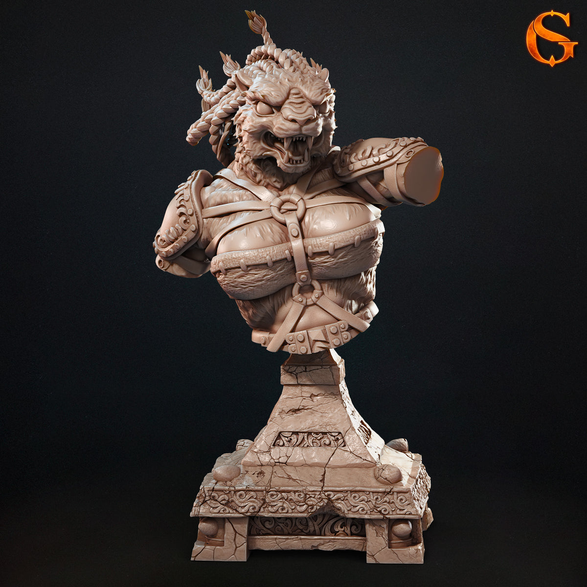 Fariba Khaz Wemic Fighter 141mm display bust with lioness features, braided hair, armor, and pedestal base.
