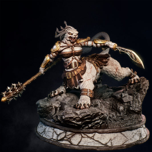 Render of what the painted display of the Fariba Khaz lion-centaur miniature could look like, featuring a white fur pattern with gold trim armor and weathered gray rocks on a marble-style circular base.