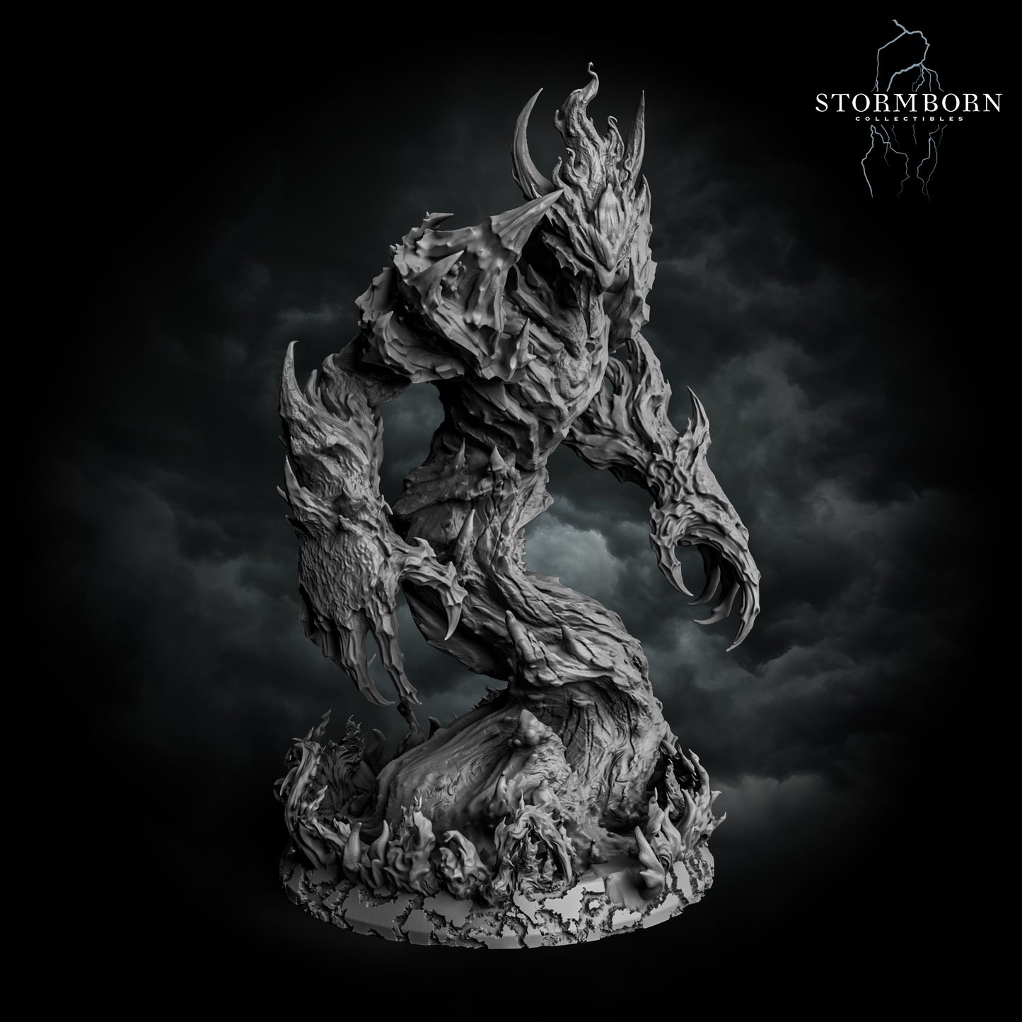 Right profile render of the unpainted Fire Elemental showing the swirling vortex base and detailed right arm joints.