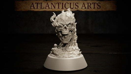 Flaming Skull 32mm/75mm resin tabletop miniature by Atlanticus Arts full view.