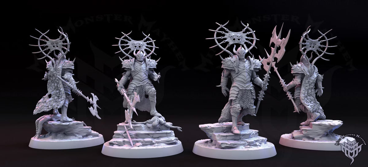 Flesh Carapace undead Death Knight miniatures in two poses featuring elaborate spiked armor, horned helmets, circular halos, and oversized bladed polearms.