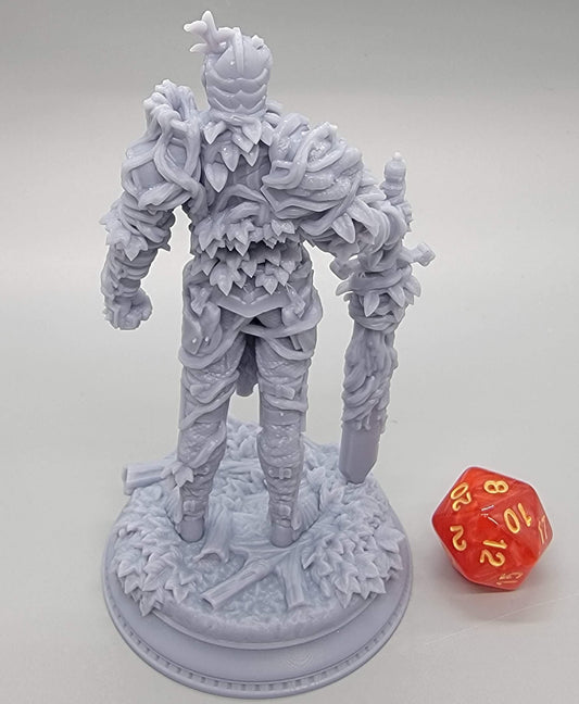 Rear view of the Forgotten Knights – Vine-Possessed Armor 75mm resin miniature. This angle showcases the intricate leaf layers and heavy vine textures covering the back of the plate armor and the reverse side of the massive greatsword. DIY kit by D&K Custom Prints, shown with a red d20 for scale to highlight the professional 3D print quality from all angles. (Pictured is Pose 3)