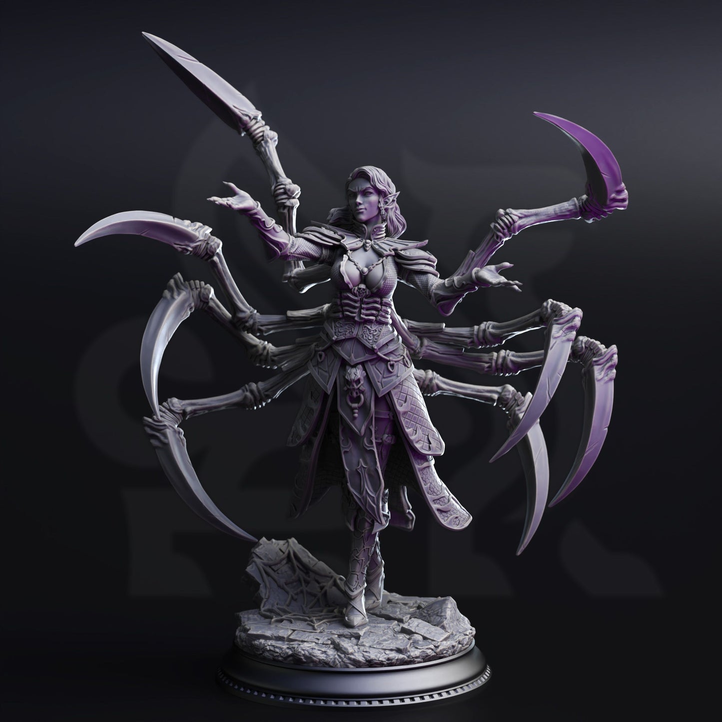 Fantasy figurine with multiple arms holding weapons on a dark background