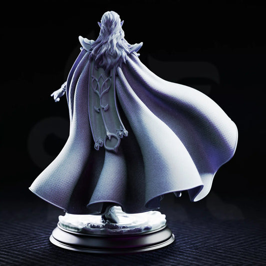Rear view of Glynaria Drow sorcerer miniature showing long hair, layered shoulder armor, and a wide textured cloak