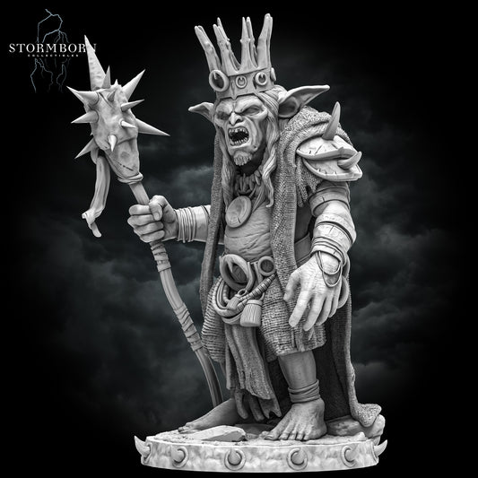 Left perspective view of the Goblin King showing shoulder pad and cape detail by Stormborn Collectibles.
