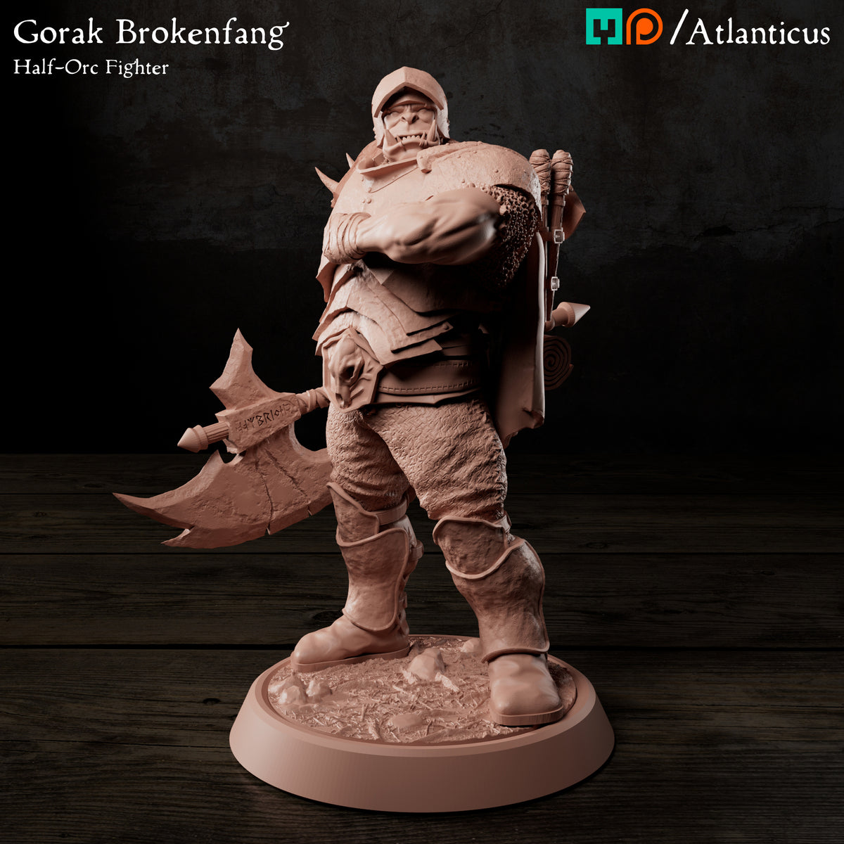 Front quarter render of Gorak Brokenfang half-orc fighter in a standing stance with arms crossed.