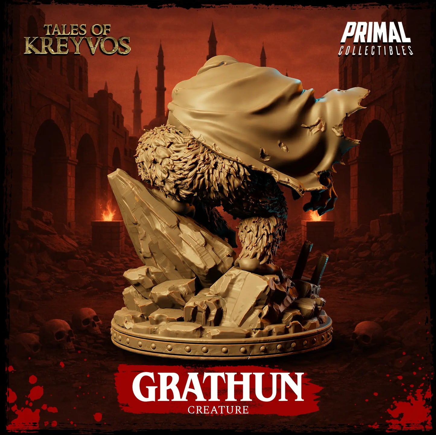 Rear view render of the Grathun miniature highlighting his blowing, tattered cloak and rocky base construction.