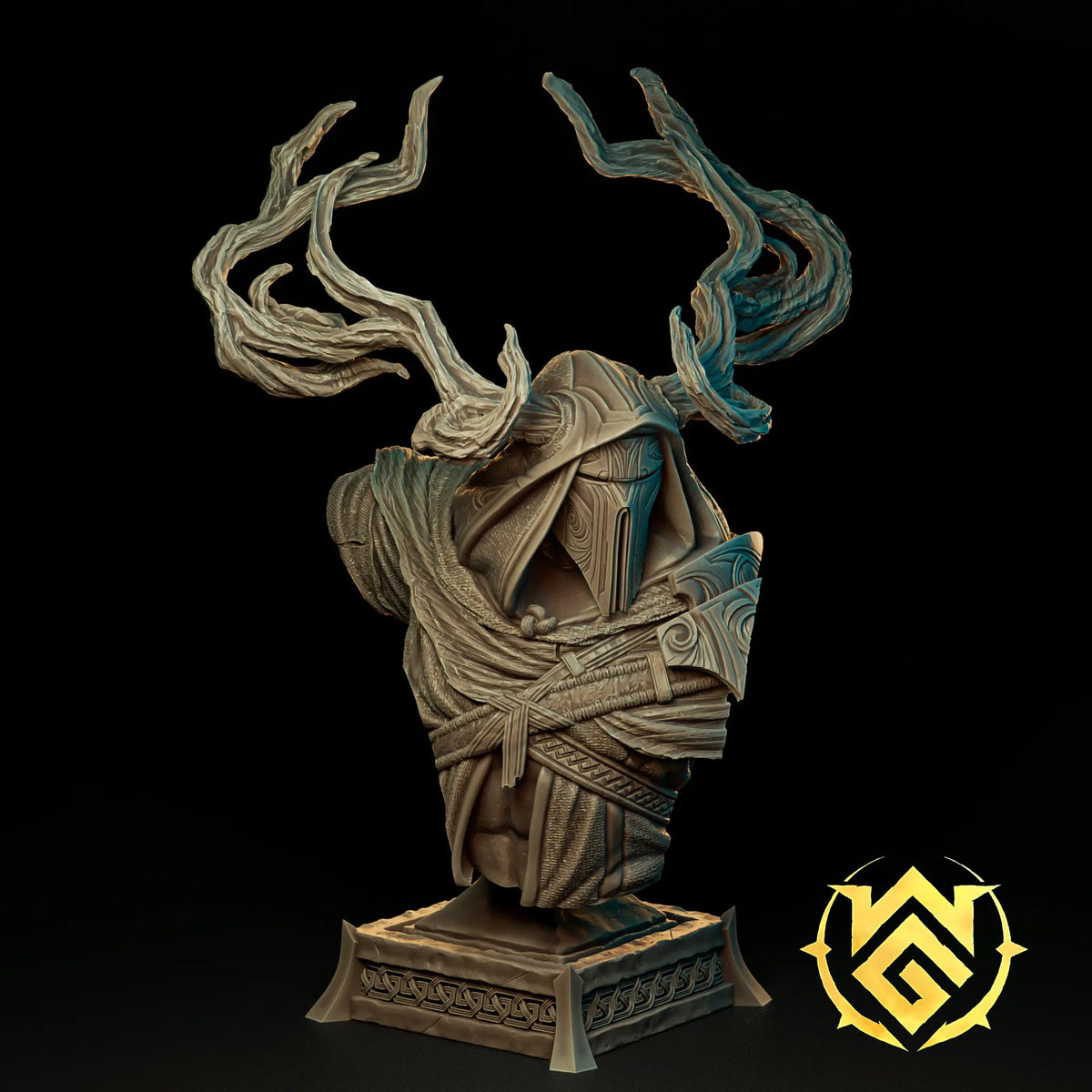 Front view render of the 100mm Hedge Knight display bust with sweeping antlers on a pedestal stand by The Witchguild.