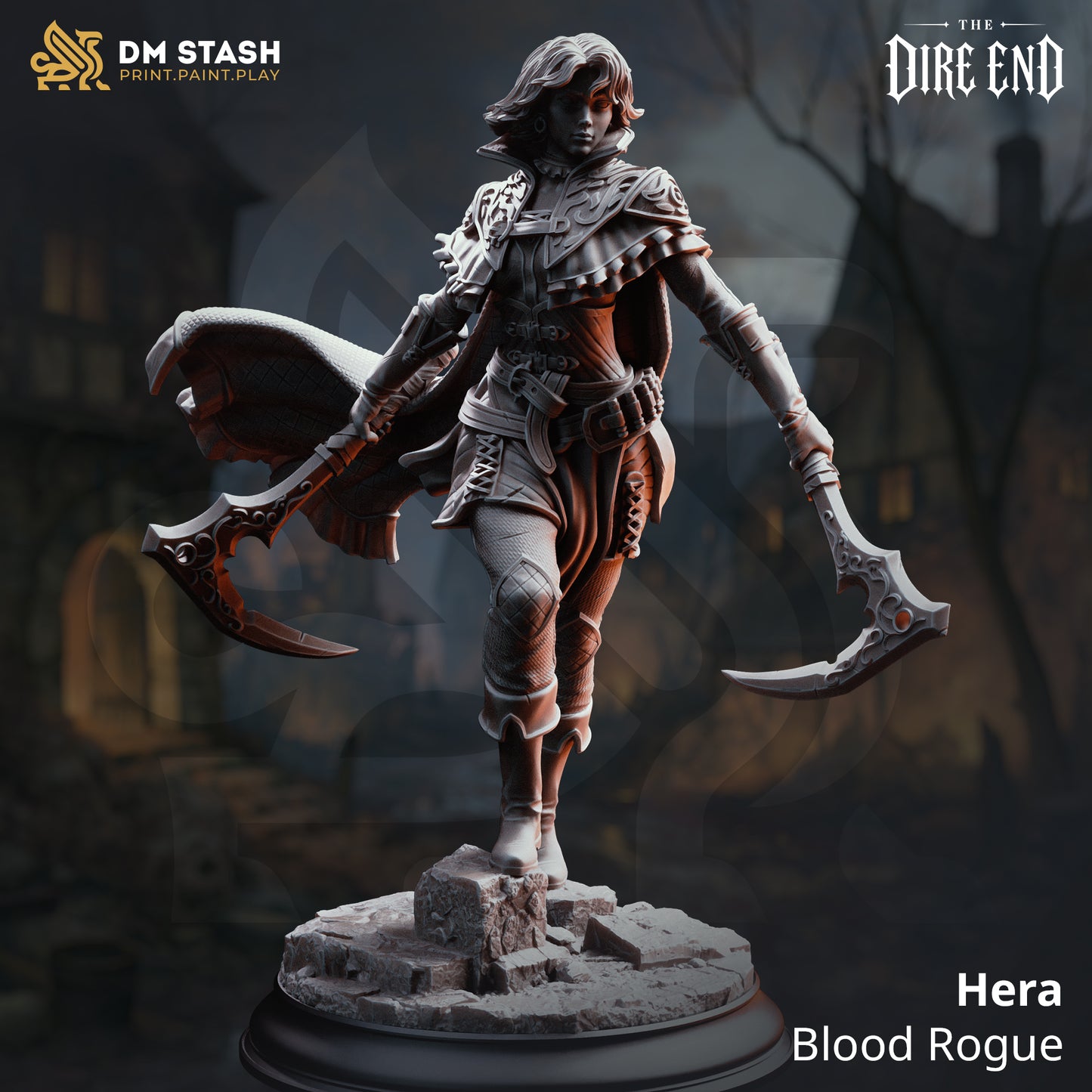 A 3D-rendered dark fantasy resin miniature titled "Hera - Blood Rogue" by DM Stash. The female assassin miniature steps forward on a ruined stone base, dual-wielding large curved scythe-daggers with a flowing cloak.