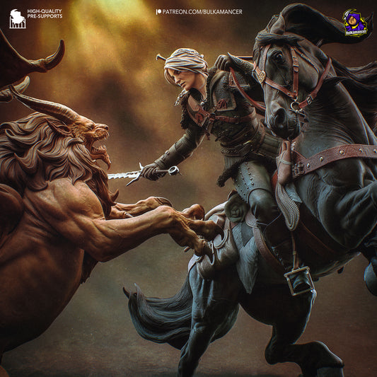 White-haired monster huntress resin fan art statue diorama battle scene | D&K Custom Prints